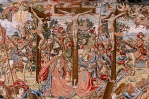 Vlámský gobelín. řada Umučení Krista; Cesta na Kalvárii a setkání s Veronikou (Camino del Calvario y encuentro con la Verónica). První tapisérie z těch, které jsou v národním dědictví. Modelové karikaturisty z okruhu Jana van Roome a Berna od Pieter Coecke van Aelst
