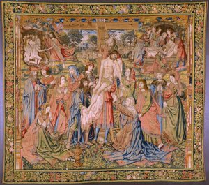 Vlámský gobelín. Řada Umučení Krista: Sestup z kříže (Kruisafneming, Descendimiento de la cruz). Výrobce Pieter van Aelst. Karikaturista Jan van Roome. Přibližně 1507-1520. od Pieter Coecke van Aelst