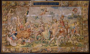 Vlámský gobelín. Seriál Sedm hlavních hříchů: Marnost (pýcha). Karikaturista Pieter Coecke van Aelst. Ateliér v Bruselu. asi 1542-1544.