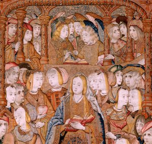 Vlámský gobelín. Série Triumphs of the Mother nebo Paños de Oro. Zvěstování (La Anunciación). Druhá tapisérie v sérii. Model Colin de Cooter (?). Výroba Pieter van Aelst (nebo van Edingen), Brusel. Cca 1500-1502. Tkanina Zlato, stříbro, hedvábí a vlna od Pieter Coecke van Aelst