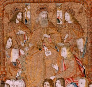 Vlámský gobelín. Série Triumphs of the Mother nebo Paños de Oro. Bůh sešle archanděla Gabriela. První tapisérie v sérii. Model Colin de Cooter(?). Výroba Pieter van Aelst (nebo van Edingen), Brusel. Cca 1500-1502. od Pieter Coecke van Aelst