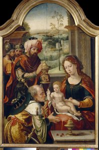 Klanění tří králů. Obraz Pietera Coeckeho van Aelsta staršího (1502-1555), olej na dřevě, 1. polovina 16. století. Vlámské primitivní umění. Státní umělecká galerie, Lvov (Ukrajina).