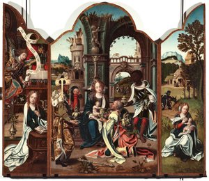 Triptych Klanění tří králů Levý panel: Zvěstování - Pravý panel: Zvěstování, vlevo a Útěk do Egypta vpravo Obraz Pietera Coecka van Aelsta (1502-1550) Genes Musei di Strada Nuova ze 16. století (ex Palazzo Bianco) inv n PB od Pieter Coecke van Aelst