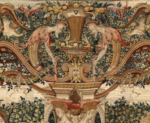Vertumnus a Pomona: Vertumnus proměněný v nůžky na nůžky, cca 1550 (zlato, vlna a hedvábí) od Pieter Coecke van Aelst