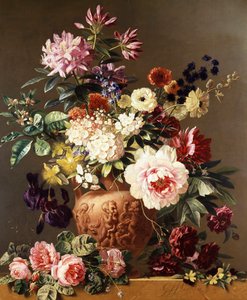 Zátiší letních květin. Růže, pivoňky, sasanky, kosatce. Obraz Georgius Jacobus Johannes Os (1782-1861) Soukromá sbírka.