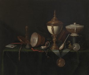Zátiší s pohárem pštrosích vajec a Whitfieldským dědictvím, kolem roku 1670 (olej na plátně)