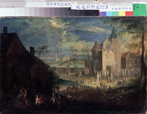 ""Kermesse na místě vesnice"" (Kermis) Městská krajina ve Flandrech. Obraz Petera Gyselse (1621-1690) Serpukhov, Státní muzeum historie a umění Rusko