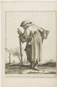 Pochodující žebračka s košíkem, z T is al verwart-gaern (Už je to matoucí) od Pieter Jansz. Quast