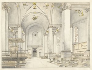 Pohled na hlavní loď Nieuwe Kerk, Haarlem, pohled na západ od Pieter Jansz Saenredam