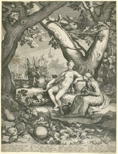 Vertumnus si vypůjčuje postavu staré ženy, aby získal lásku Pomony, 1605 (rytina na křídovém papíře)