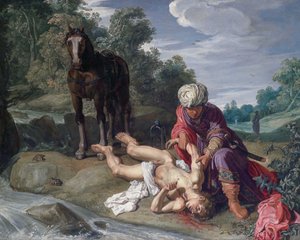 Dobrý Samaritán ošetřující rány pocestného (Lukáš 10,25-37) od Pieter Lastman