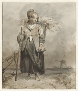 Stojící žena s holí a košíkem na zádech od Pieter Marinus van de Laar (attributed to)