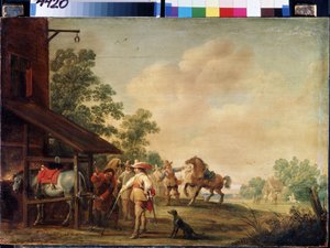 Forge (Kovárna). Podkovář (podkovář) nasazující podkovu. Obraz od Pietera Meulenaera (Peter nebo Pierre