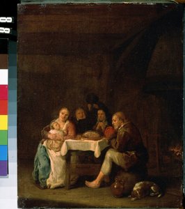 ""Modlitba před večeří"" (Modlitba před večeří) Okamžik milosti během jídla holandské rodiny se skromnými prostředky. Obraz Peetera Meulenaera (1602-1654) Muzeum umění Michaila Krošitského ze 17. století, Sevastopol (Sevastopol) Ukr od Pieter Molenaer