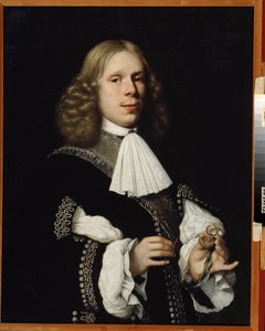 Portrét starosty Haarlemu. (Portrét starosty Haarlemu). Muž drží v ruce malý kompas. Obraz Pietera Nasona (1612-1688)