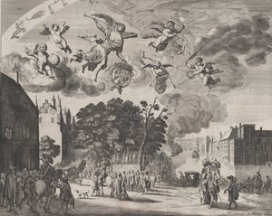 Karel II vjíždí do Haagu v kočáře s Mauritshuis vpravo, z 