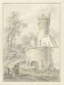 Krajina s rybářem a ženou kráčející u věže pevnosti od Pieter Pietersz. Barbiers