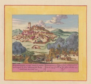 Obléhání Albuquerque, 1705 Alberquerque, ve Španělsku, na hranicích Portugalska u Elvas, se poddává králi Carel III, 10. června 1705 (titul na předmětu) Divadlo války, Počátek krále Karla II. Uvidíme se v King Kar od Pieter Schenk (I)