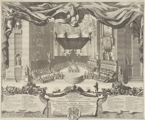 Gezicht v de Sint-Pietersbasiliek Divadlo představující zločiny, které se odehrávají v chrámu svatého Petra v Římě (název na objektu) od Pieter Schenk (I)