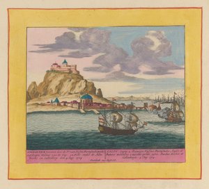 Dobytí Gibraltaru anglo-nizozemskou flotilou, 1704 Gibraltar dobytý Pr. van Hessen Darmstadt, s vyloděnými milicemi Eng: en Holl: pod Adm: Rooke a Callenberg den 4. srpna: 1704 (...) (název na předmětu) Divadlo