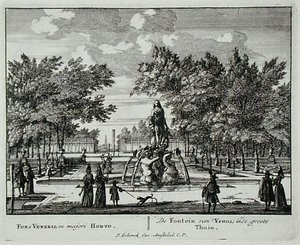 Fontána Venuše ve velké zahradě, z „Admirandorum Quadruplex Spectaculum“, od Jana van Calla (1656-1703), vydaného před rokem 1715 (rytina) od Pieter Schenk