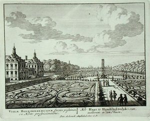 Zahrada na Honsholredyku, z „Admirandorum Quadruplex Spectaculum“, od Jana van Calla (1656-1703), vydaného před rokem 1715 (rytina) od Pieter Schenk