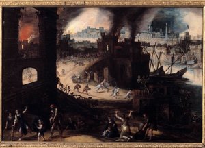 Zničení Tróje Obraz od Pietera Schoubroecka (1570-1607) Besancon ze 17. století. Muzeum výtvarných umění