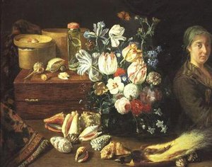 Zátiší, květiny, mušle, hadi, pták a stojící žena od Pieter Snyers