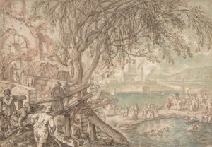 Myslivci a společnost pozorující psy při aportování kachen v rybníku Měsíc duben, c1610-20. od Pieter Stevens