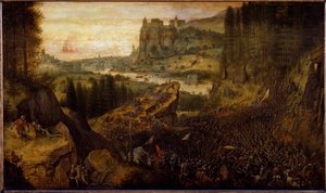 Bitva mezi Filištíny a Izraelity: Saul a jeho panoš jsou vrženi na svůj meč. (malování od Pieter Bruegel the Elder