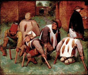 Estropies Skupina postižených postav, butts-de-jatte (butts). Obraz Pietera Bruegela (nebo Breugel nebo Brueghel nebo Breughel) dit l