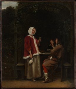 Žena a dva muži v altánu od Pieter de Hooch