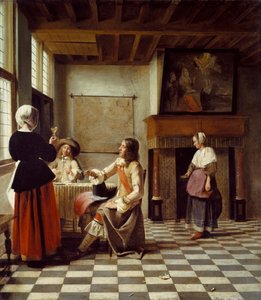 Interiér se ženou popíjející dvěma muži a služebnou od Pieter de Hooch