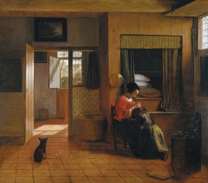 Vnitřní místnost s matkou, která si čistí vlasy svého dítěte, známá jako „práce matky“ od Pieter de Hooch