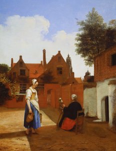 Dvůr v Delftu večer: žena přede od Pieter de Hooch