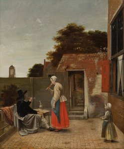 Dvůr s kouřícím mužem a pijící ženou od Pieter de Hooch