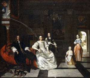 Skupinový portrét rodiny Jacott-Hoppesackových s ohařem v přepychovém klasickém interiéru, dámou a gentlemanem procházejícím se v parku za dveřmi, od Pieter de Hooch