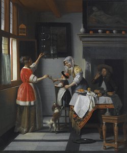 Interiér s dítětem krmícím papouška par Hooch, Pieter, de od Pieter de Hooch