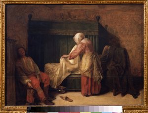 ""The Morning of a Young Man"" (The Morning of a Young Man) Mladý muž se připravuje na probuzení, zatímco pokojská předělává postel. Na podlaze pantofle a nočník. Obraz Pietera de Hoocha (1629-1684) 1655-1657 Puškinovo muzeum, Moskva od Pieter de Hooch