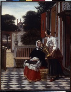 Paní a její sluha. (Paní a její služebná). Paní domu na terase zaměstnané šitím se dívá na práci, kterou provádí její sluha. Obraz Pietera de Hoocha (1629-1684)