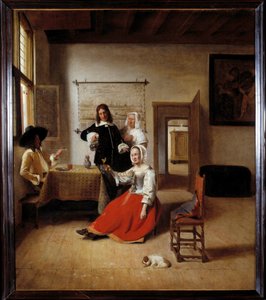 Piják Žena alkoholička ve vlámském domě obklopená dalšími pijáky. Obraz Pietera de Hoocha (1629-1684) 1658 Sun. 0,69x0,6 m - Žena popíjející s vojáky. Interiér vlámského domu. Obraz Pietera de Hoocha (1629-1684)