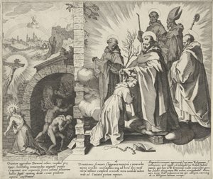 Catharina biddend / Visioen van Catharina / Catharina wordt Dominicanes Scènes uit het leven en wonderen van de Heilige Catharina van Siena (název seriálu) Život, smrt a vybrané zázraky B. Catherine starší (...) (název série) od Pieter de Jode (I)