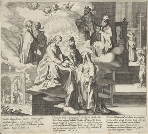 Objeví se Catherine / Catherineina svatba / Catherine sdílí svůj plášť Scény ze života a zázraků svaté Kateřiny Sienské (název série) Vita mors gesta, et miracula quaedam selecta B. CATHERINAE SENENSIS (...) (název série) od Pieter de Jode (I)