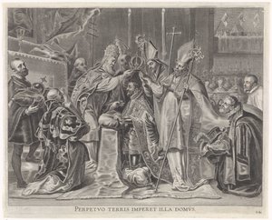 Karel V. korunován na císaře papežem Radostný vstup kardinála-Nemluvně v Gentu, 1635 (název série)