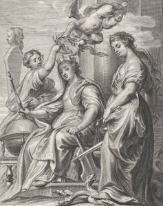 Alegorie dobré vlády, sedící uprostřed a korunovaný puttem a wo..., ca. 1640-74. od Pieter de Jode II