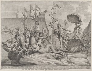 Deska 35: Filip Španělský jako Neptun, jedoucí na voze taženém dvěma mořskými koňmi, z Gu..., 1636.