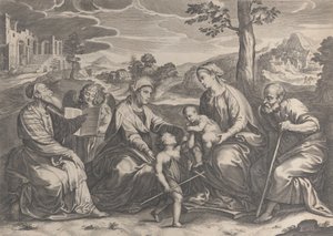 Svatá rodina vpravo, s nemluvnětem svatým Janem Křtitelem, Alžbětou, Zachariášem,..., 1631-37.