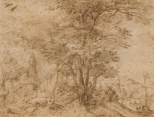Vesnice se skupinou stromů a mezka, kolem 1552-54 od Pieter Bruegel the Elder
