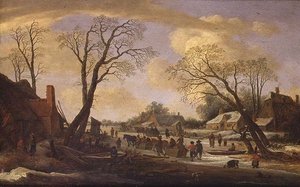 Zimní říční krajina s rolníky a koňmi taženými saněmi od Pieter the Elder Molyn