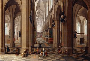 Interiér gotické katedrály s měšťany a poutníky, 1647